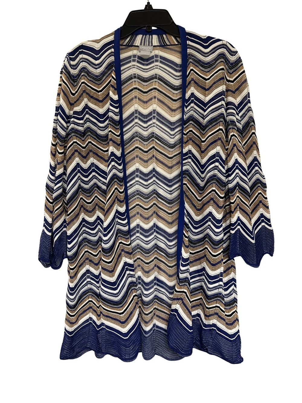 Chico’s Travelers Chevron Knit Open Cardigan Blue Gold Sz 1 M